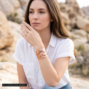 8 of 11: AI generated model wearing the Copper Bat Cuff Bracelet with a crisp white short sleeve shirt and blue jeans in a rocky outdoor setting. The warm brushed copper cuff and raised flying bat design create a bold contrast with the light casual outfit and neutral desert colors.