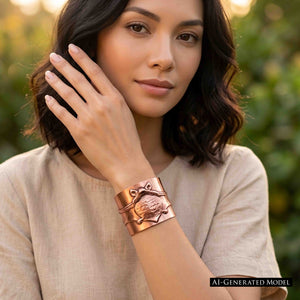 4 of 11: AI generated model wearing the Copper Bat Cuff Bracelet outdoors with a simple beige short sleeve top. The wide brushed copper cuff and raised flying bat design are clearly visible on her wrist, showing how the statement bracelet can add warm metallic color to a neutral outfit.