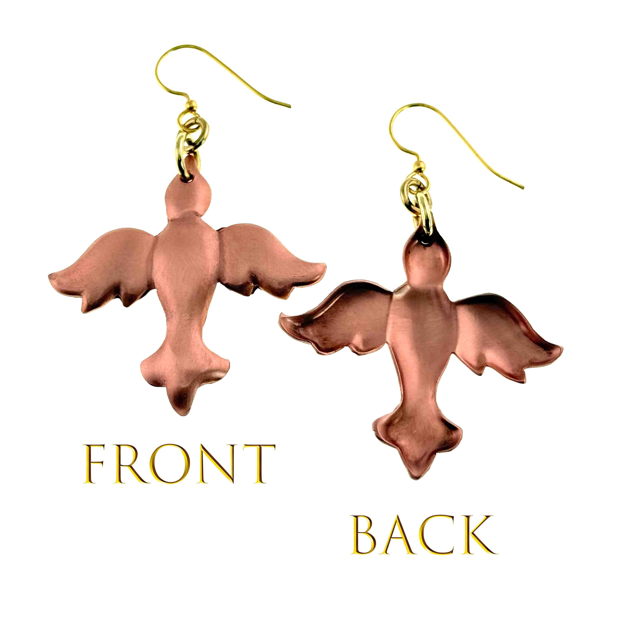 Copper Christmas Dove Dangle Earrings showing front and back views on a white background.