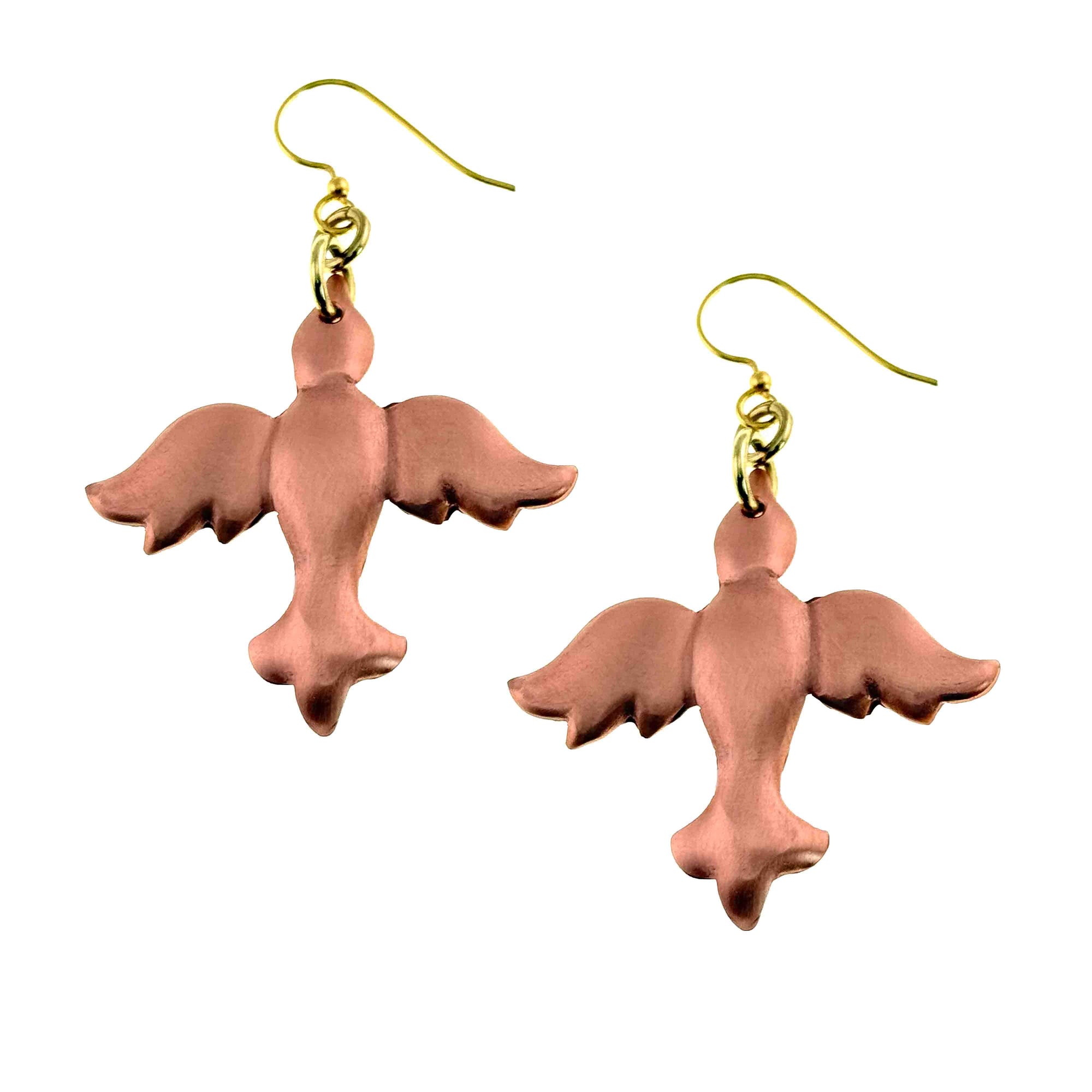 Copper Christmas Dove Dangle Earrings on a white background