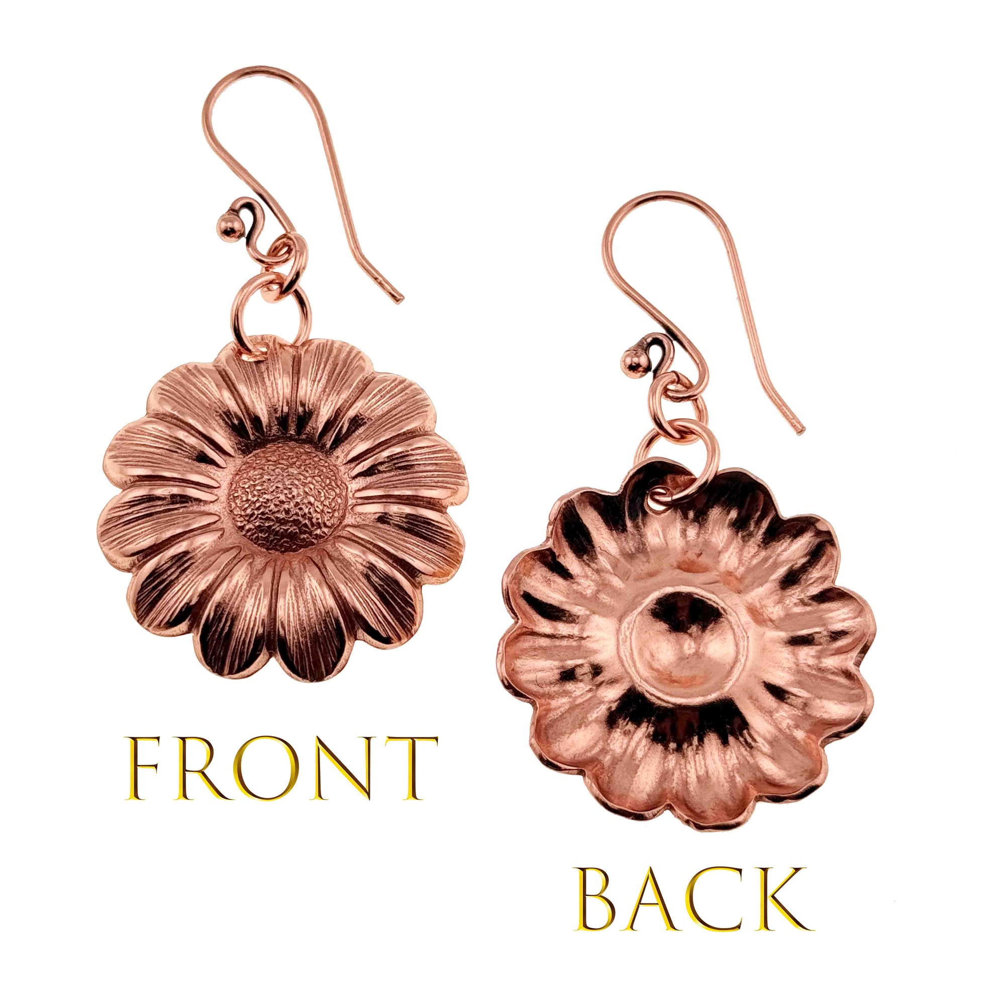 Copper Daisy Disc Drop Earrings  showing front and back views on a white background.