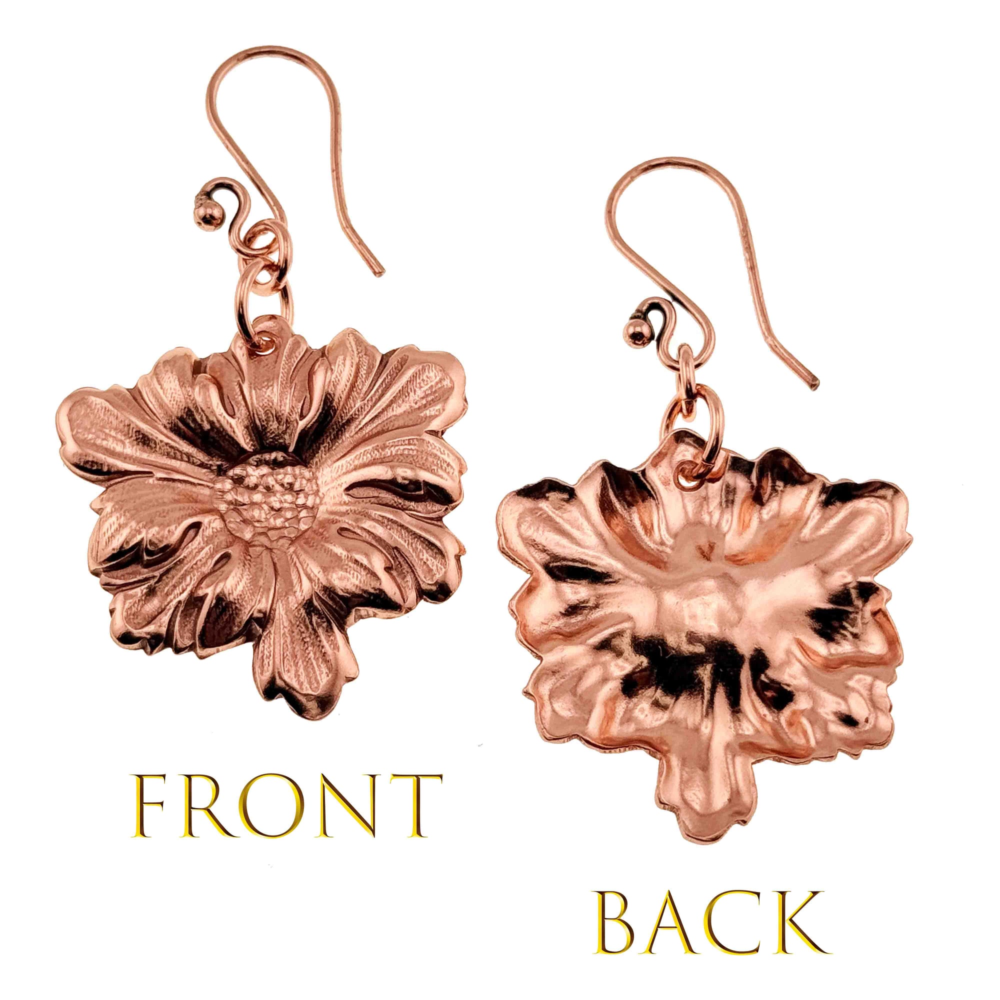 Dogwood Blossom Copper Drop Earrings showing front and back views on a white background