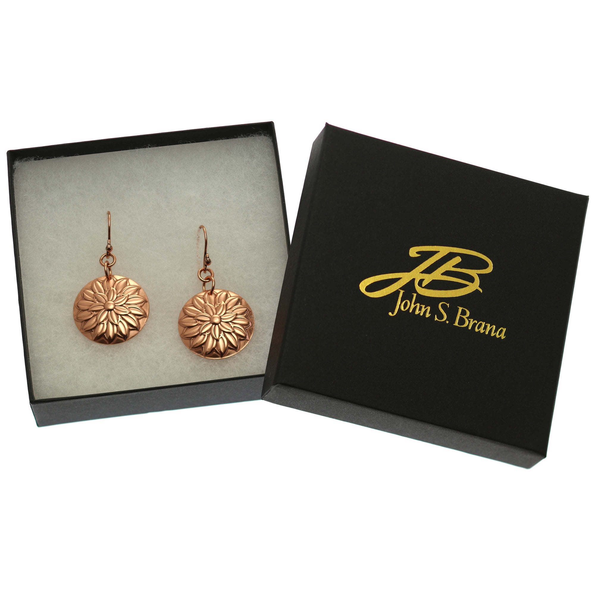 Chrysanthemum Copper Disc Earrings in Black Gift Box with Gold Logo