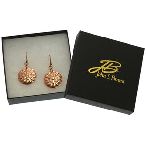 8 of 8: Chrysanthemum Copper Disc Earrings in Black Gift Box with Gold Logo