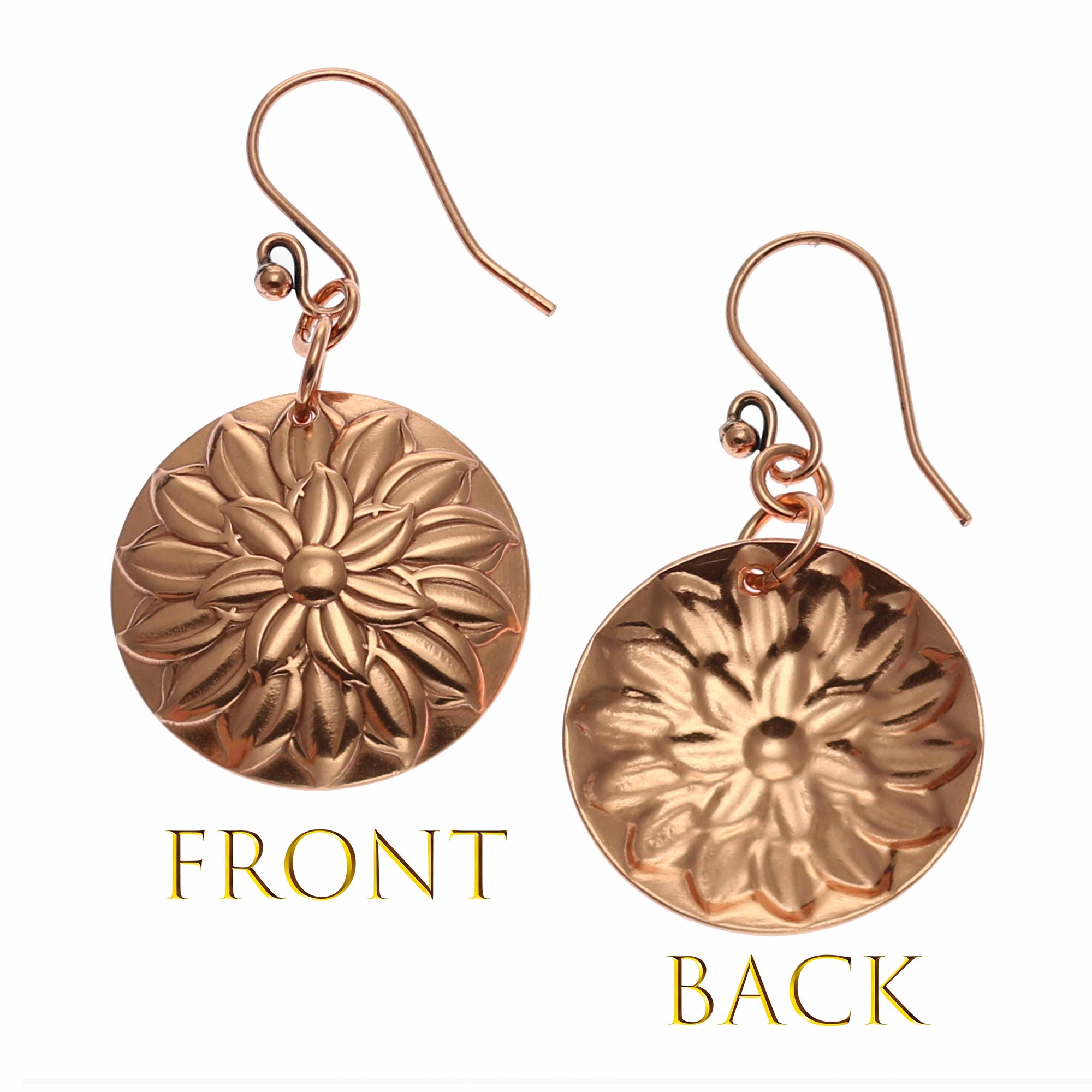 Chrysanthemum Copper Disc Earrings Front and Back View