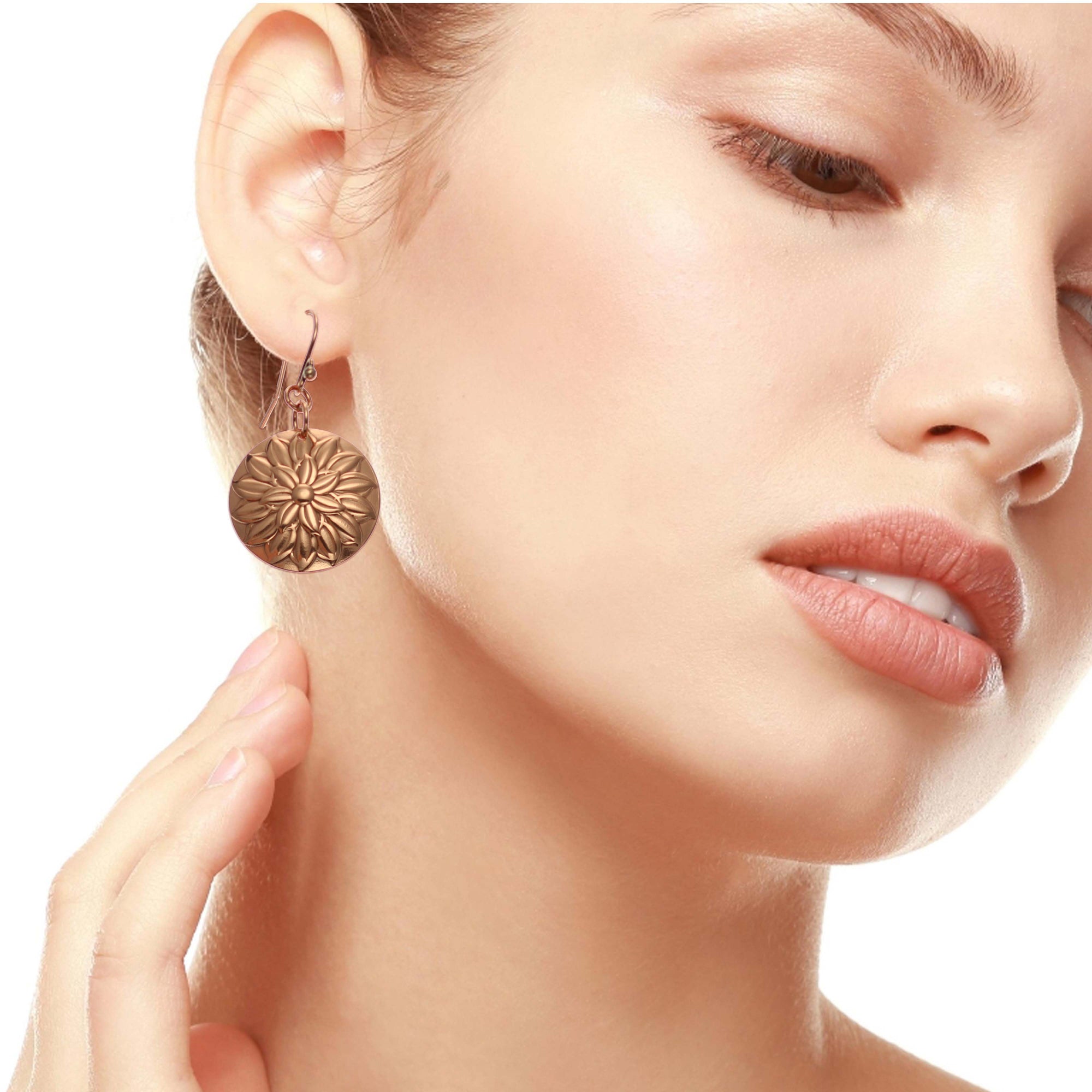 Glamorous Woman Wearing Chrysanthemum Copper Disc Earrings