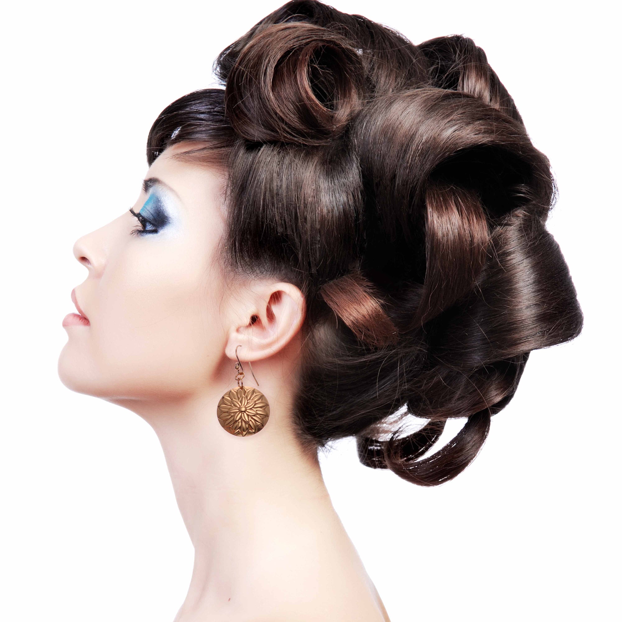 Female Model Wearing Chrysanthemum Copper Disc Earrings