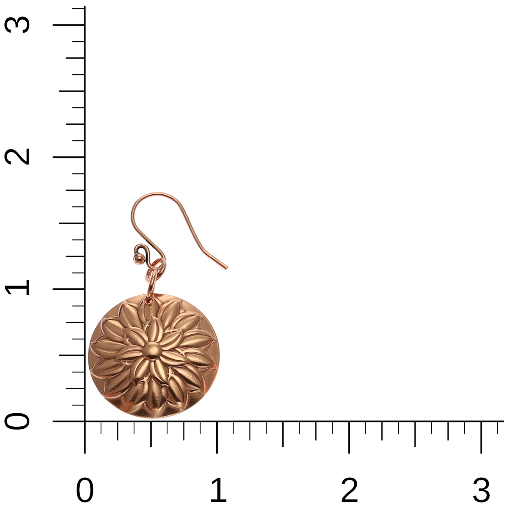 Chrysanthemum Copper Disc Earrings on Ruler for Size Dimensions