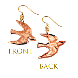 3 of 7: Bird-shaped earrings shown from front and back on a white background