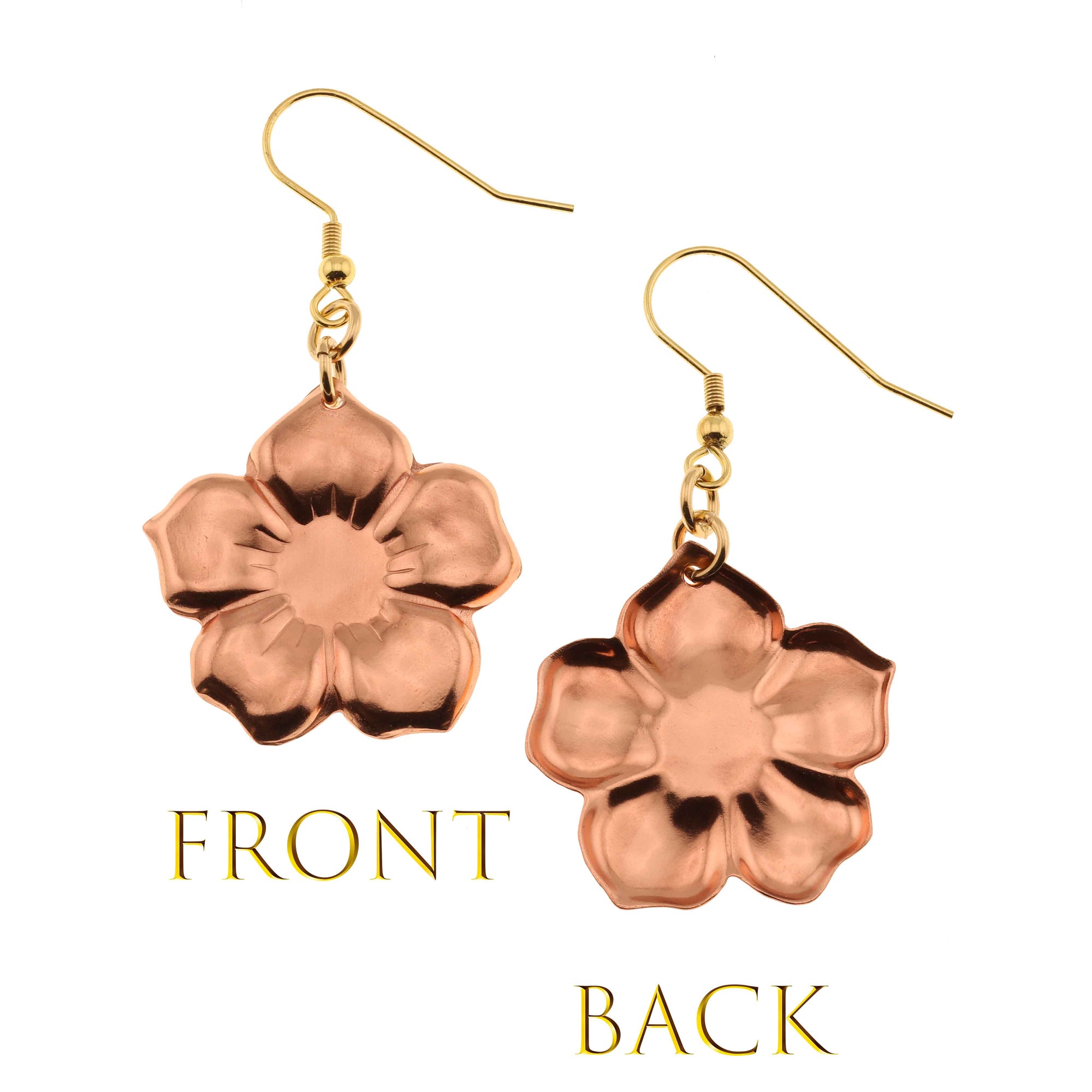 Front and Back Views of Copper Forget Me Not Flower Earrings