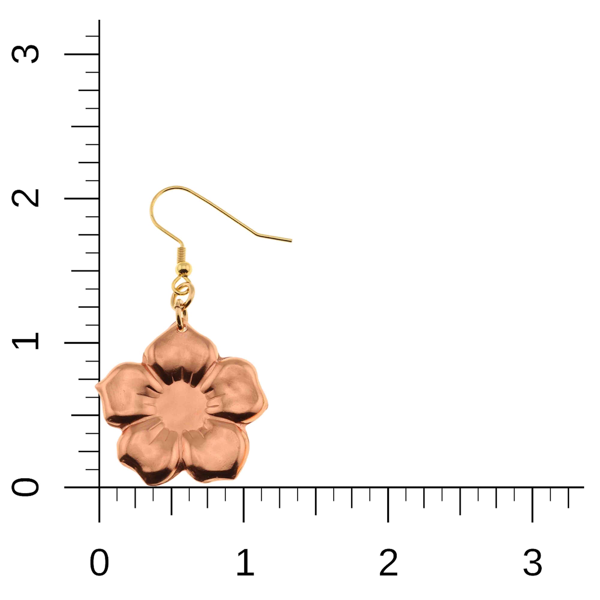 Copper Forget Me Not Flower Earrings on a Ruler for Size Dimensions