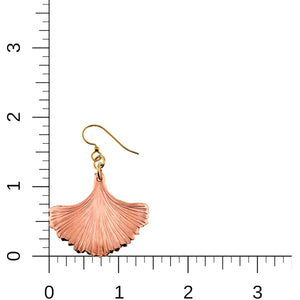 5 of 7: Copper Ginkgo Leaf Earrings on a Ruler for Size Dimensions