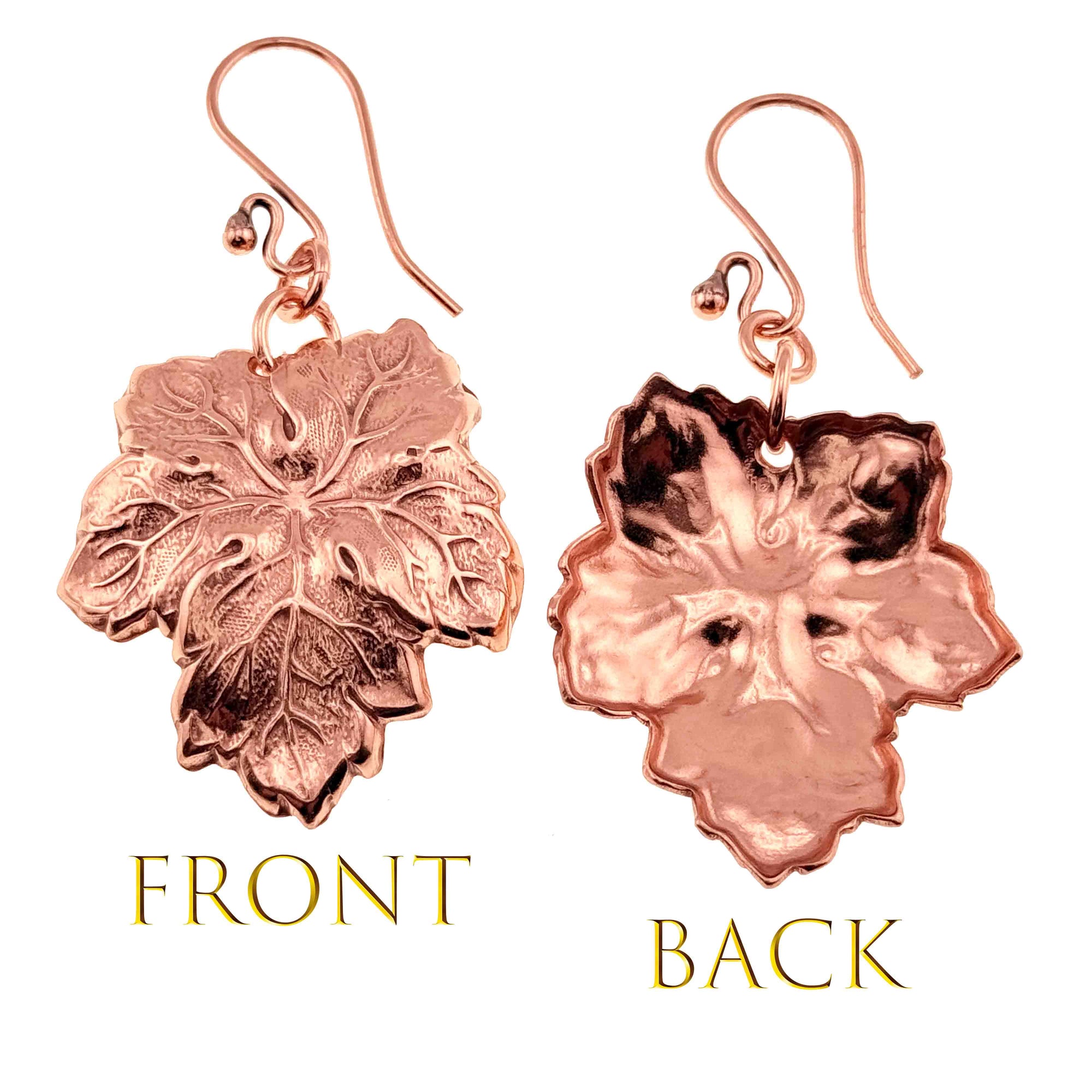 Grape Leaf Copper Dangle Earrings showing front and back views on a white background.