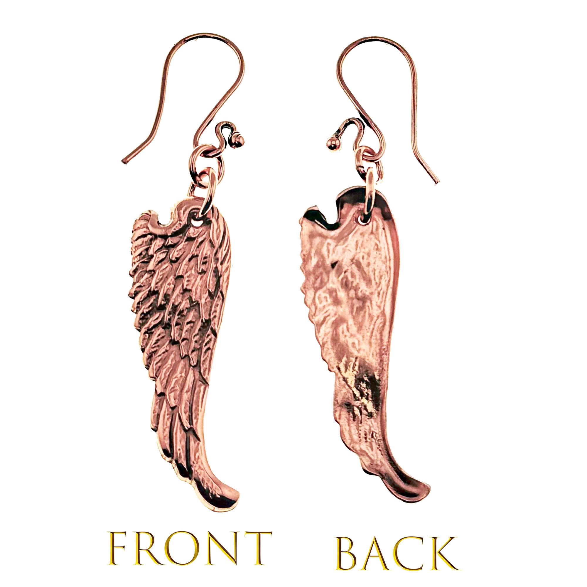 Copper Guardian Angel Wing Drop Earrings showing front and back views on a white background.