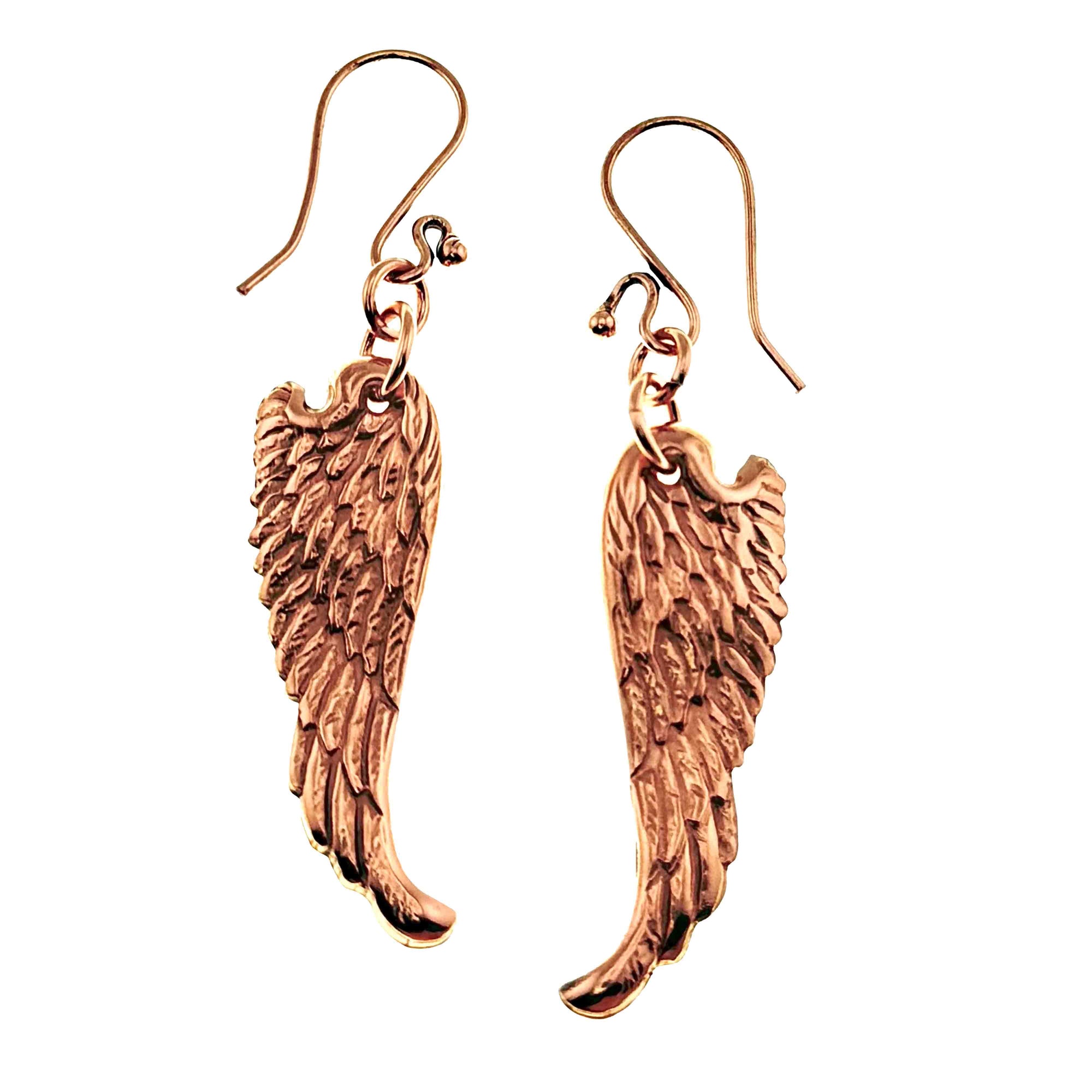 Copper Guardian Angel Wing Drop Earrings on a white background