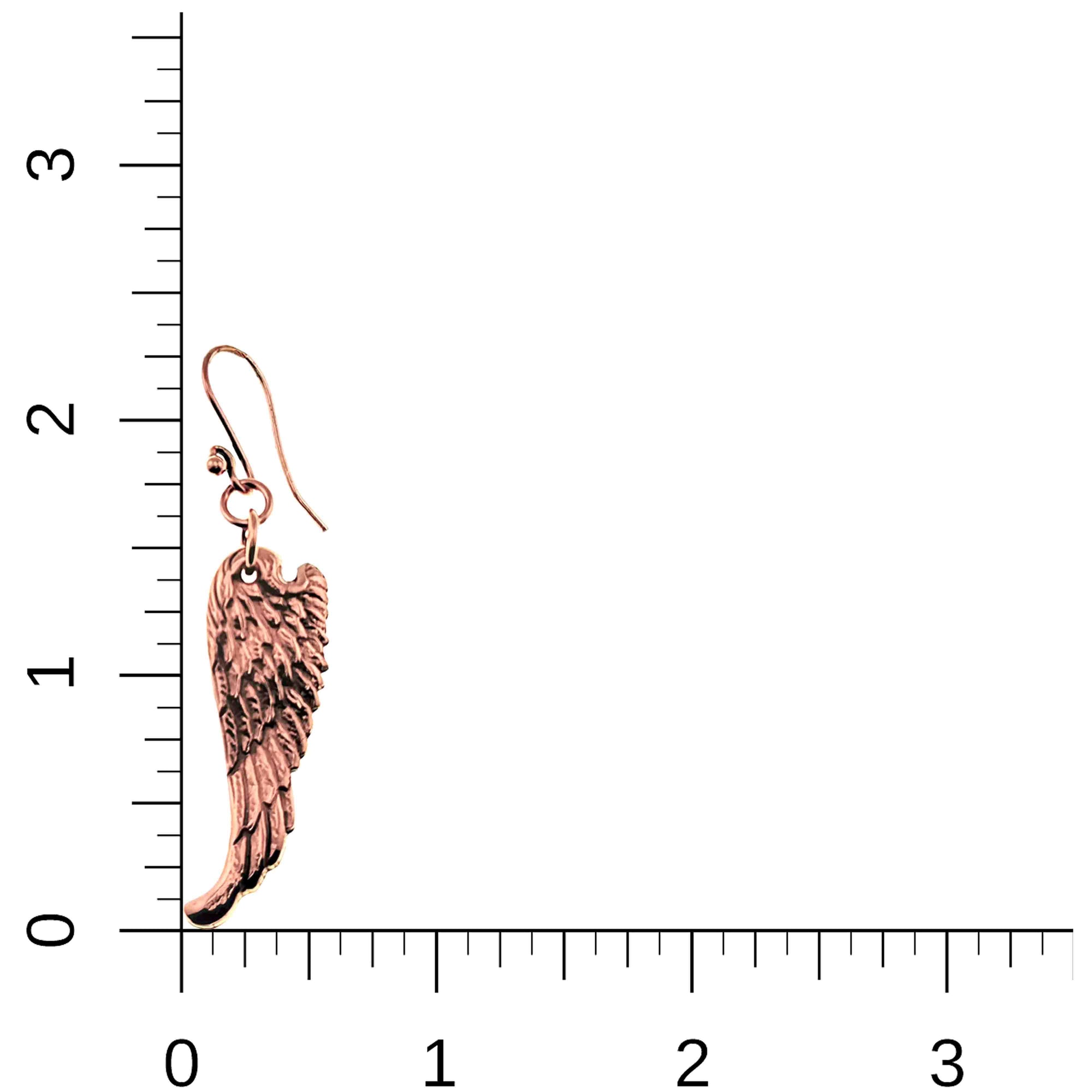 Copper Guardian Angel Wing Drop Earrings on a ruler for scale