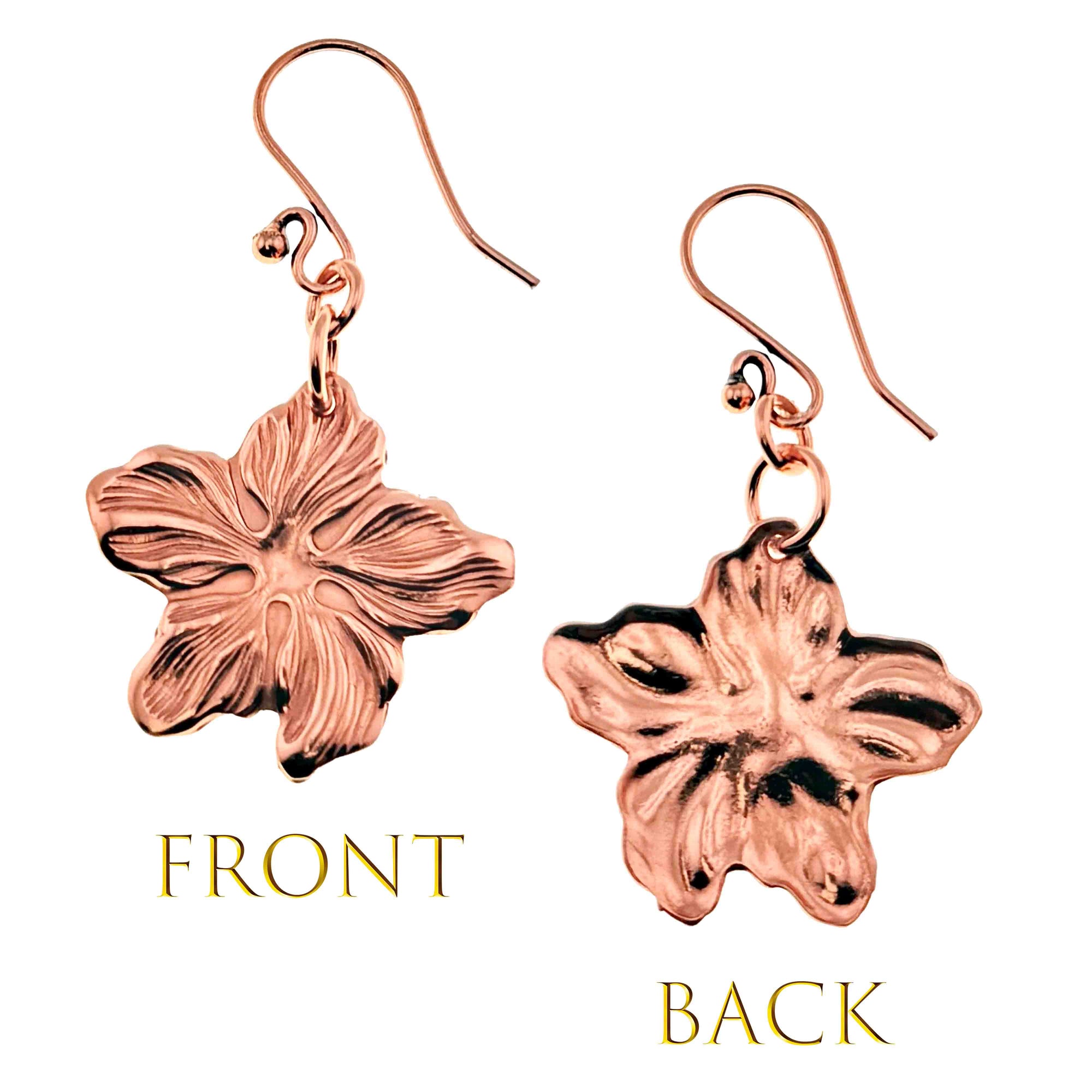 Front and Back Views of Copper Hibiscus Flower Dangle Earrings