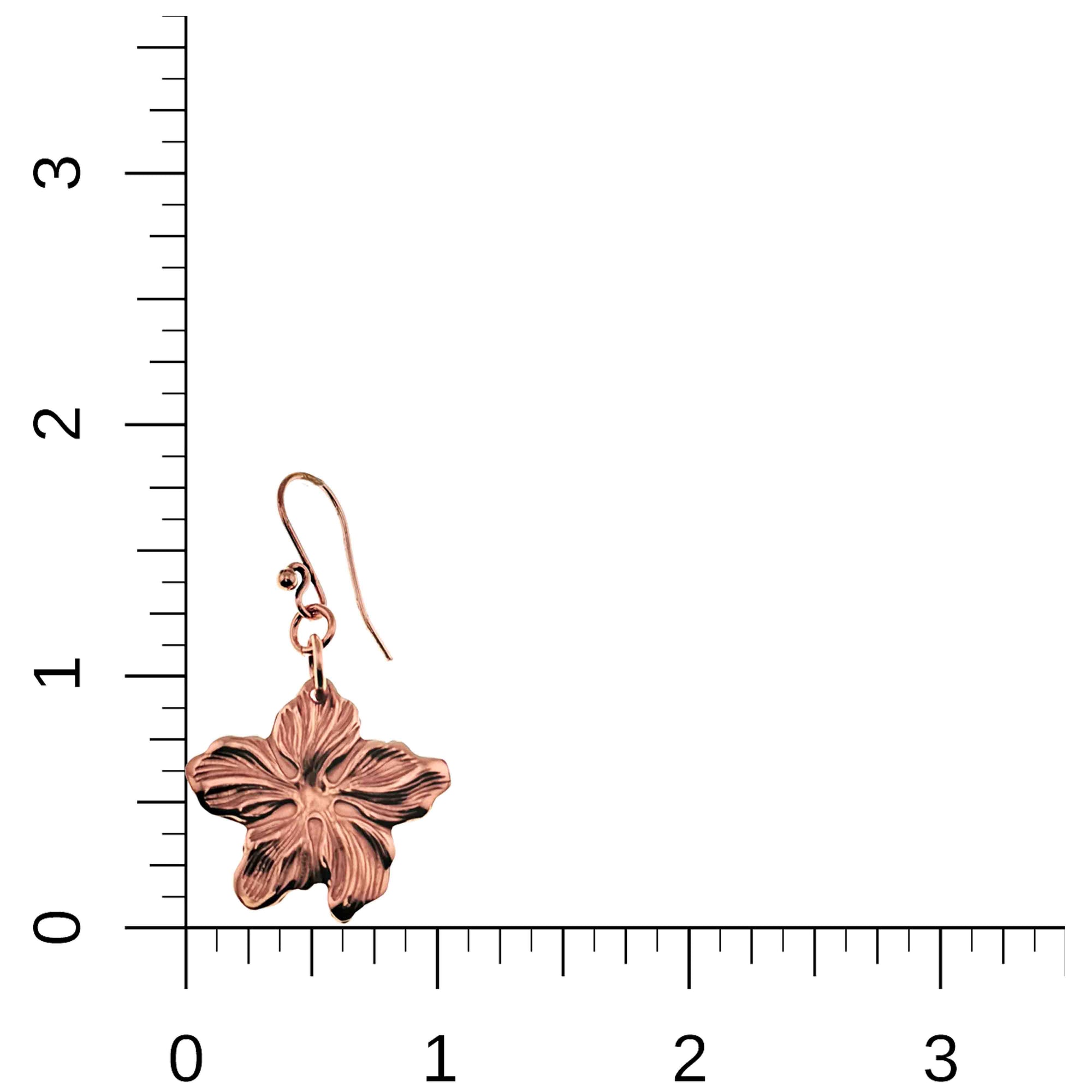 Copper Hibiscus Flower Dangle Earrings on a Ruler for Size Dimensions