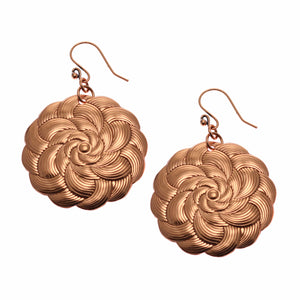 1 of 9: A Pair of Copper Mandala Disc Drop Earrings on a White Background