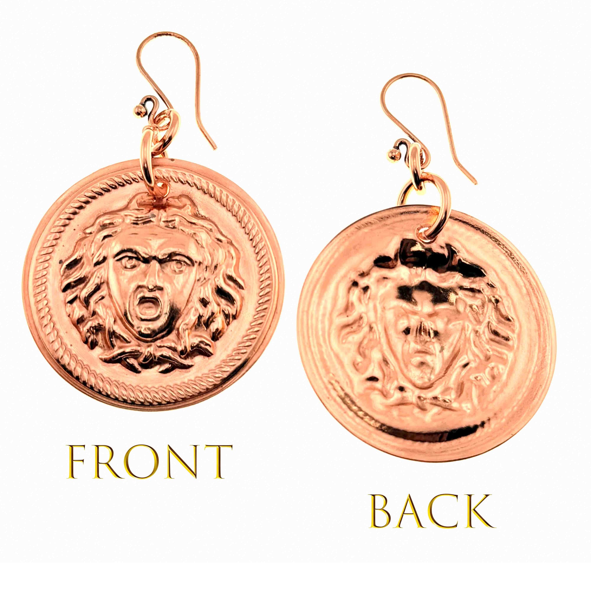 Copper Medusa Disc Drop Earrings showing front and back designs on a white background