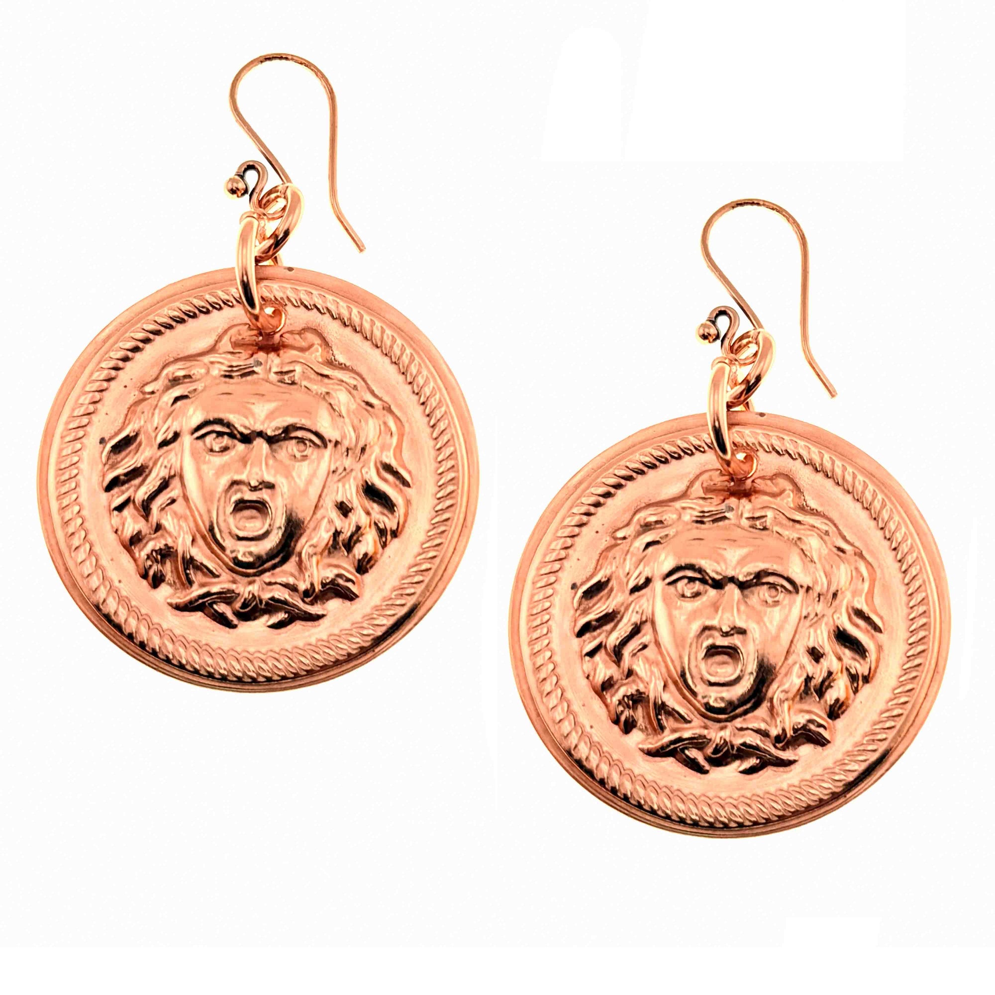 Copper Medusa Disc Drop Earrings on a white background