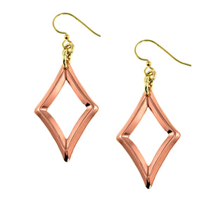1 of 7: Handcrafted copper open diamond drop earrings with a polished finish, featuring die struck detailing for added depth. The geometric diamond shaped frames hang from brass French ear wires, creating a warm mixed metal look. Lightweight and minimalist, these 2 1/4 inch long earrings showcase raw, non patinated copper with a sleek, modern silhouette.