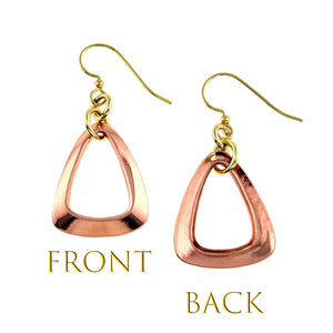 3 of 7: Front and back view of polished copper open teardrop frame earrings with brass French ear wires. Each earring features a smooth, rounded triangular open center in raw, non patinated copper with a warm rose gold tone. The front shows a bright reflective finish, while the back reveals a slightly softer sheen. The lightweight design hangs from gold tone brass hooks against a white background, labeled front and back.