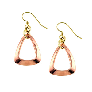 1 of 7: Polished copper open teardrop frame earrings with a smooth, rounded triangular shape and hollow center, suspended from brass French ear wires. The raw, non patinated copper has a warm rose gold tone and a reflective finish that highlights the curved edges. The earrings are lightweight and modern, with subtle dimensional detailing that adds depth and shine against a clean white background.