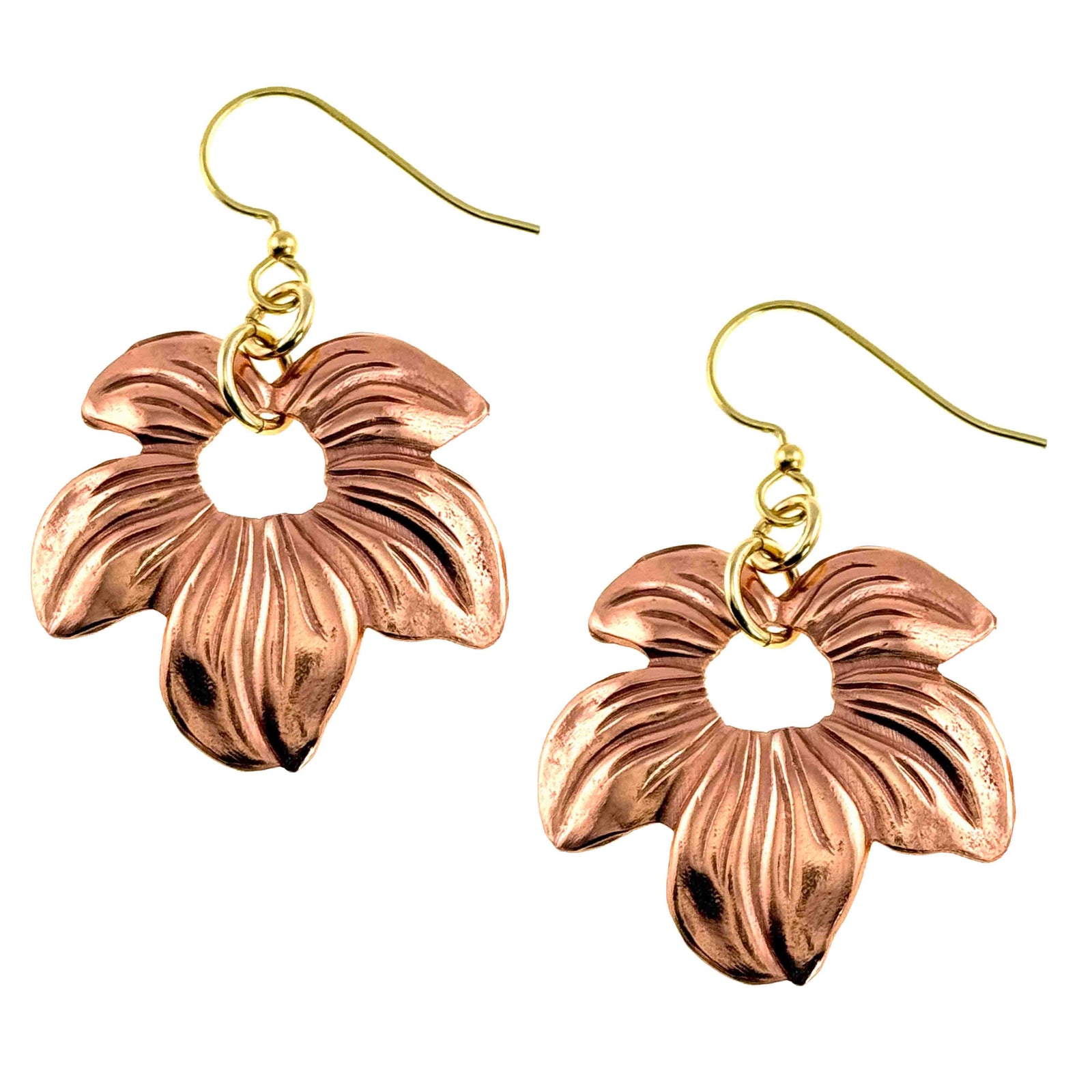 Handcrafted copper petal blossom dangle earrings with polished die struck floral detailing and open center design, suspended from brass French ear wires on a clean white background.