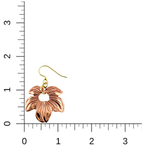 5 of 7: Copper petal blossom dangle earring shown with a measurement ruler for scale, featuring polished floral detailing, open center design, and brass French ear wire on a white background.