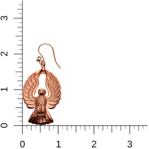 5 of 7: Copper Phoenix Firebird Drop Earrings on a Ruler for Size Dimensions