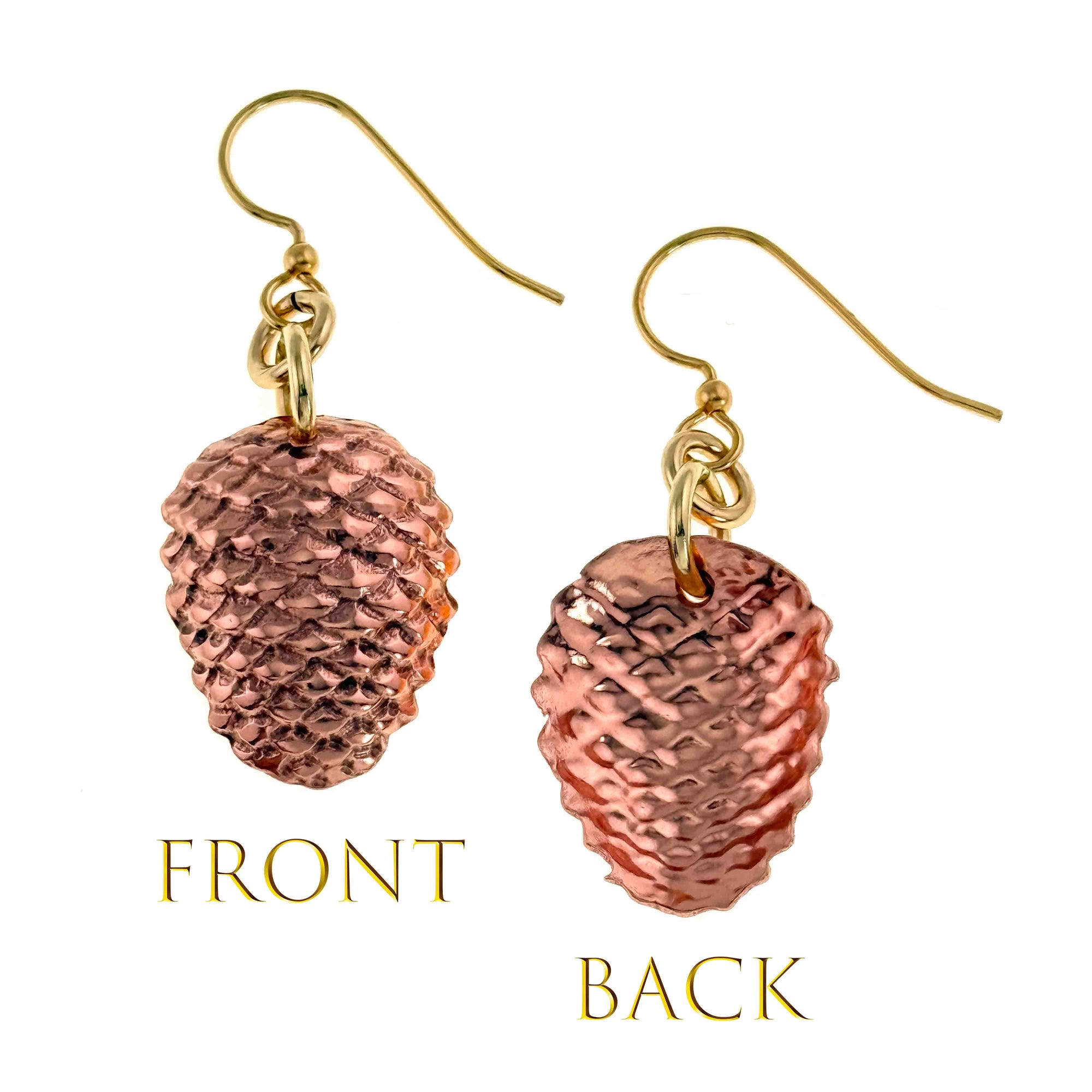 Copper pinecone-shaped earrings with gold hooks, showing front and back views on a white background.