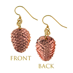 3 of 7: Copper pinecone-shaped earrings with gold hooks, showing front and back views on a white background.