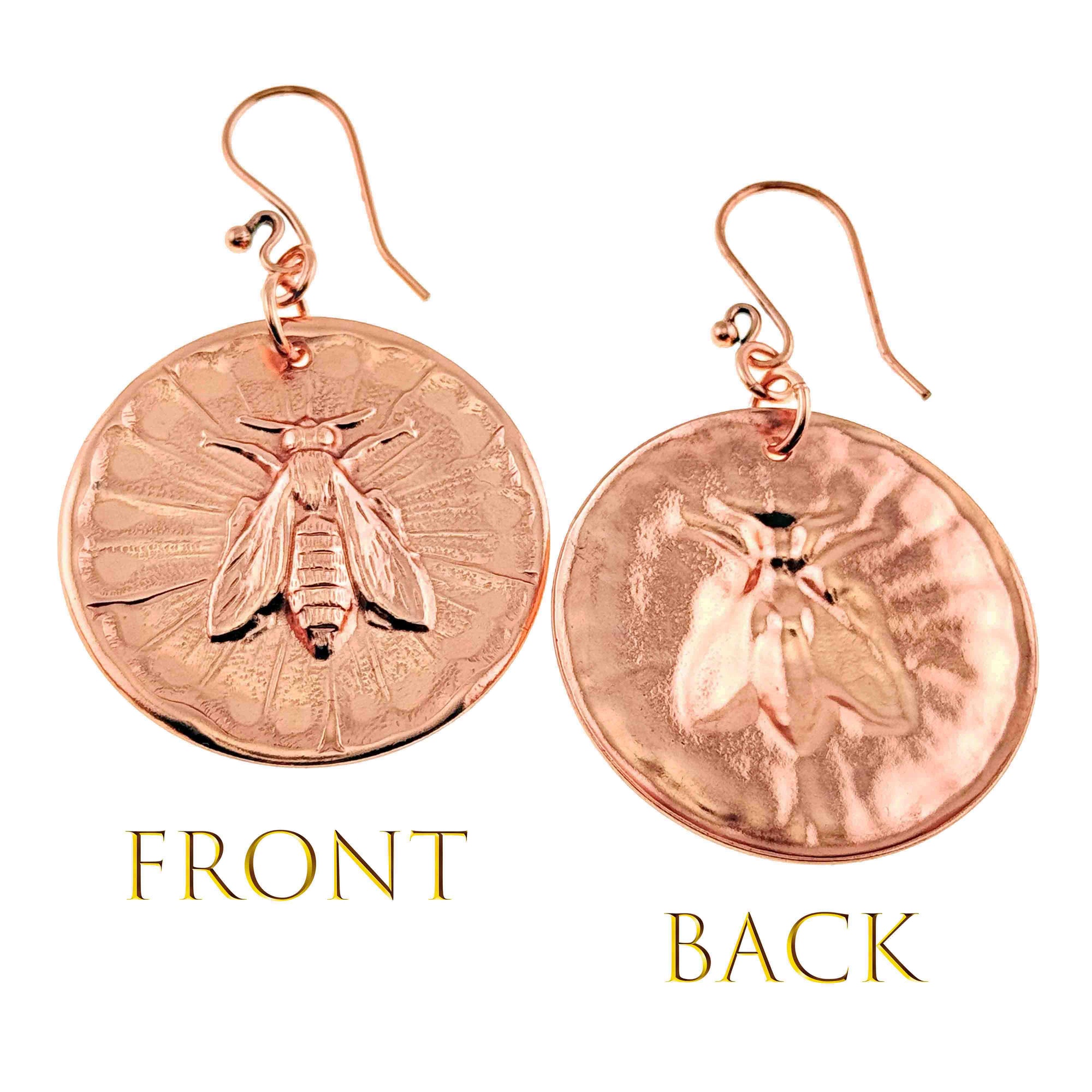 Front and Back Views of Copper Queen Bee Disc Drop Earrings on a white background