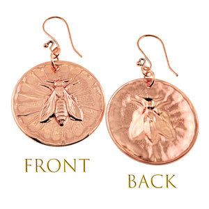 3 of 7: Front and Back Views of Copper Queen Bee Disc Drop Earrings on a white background