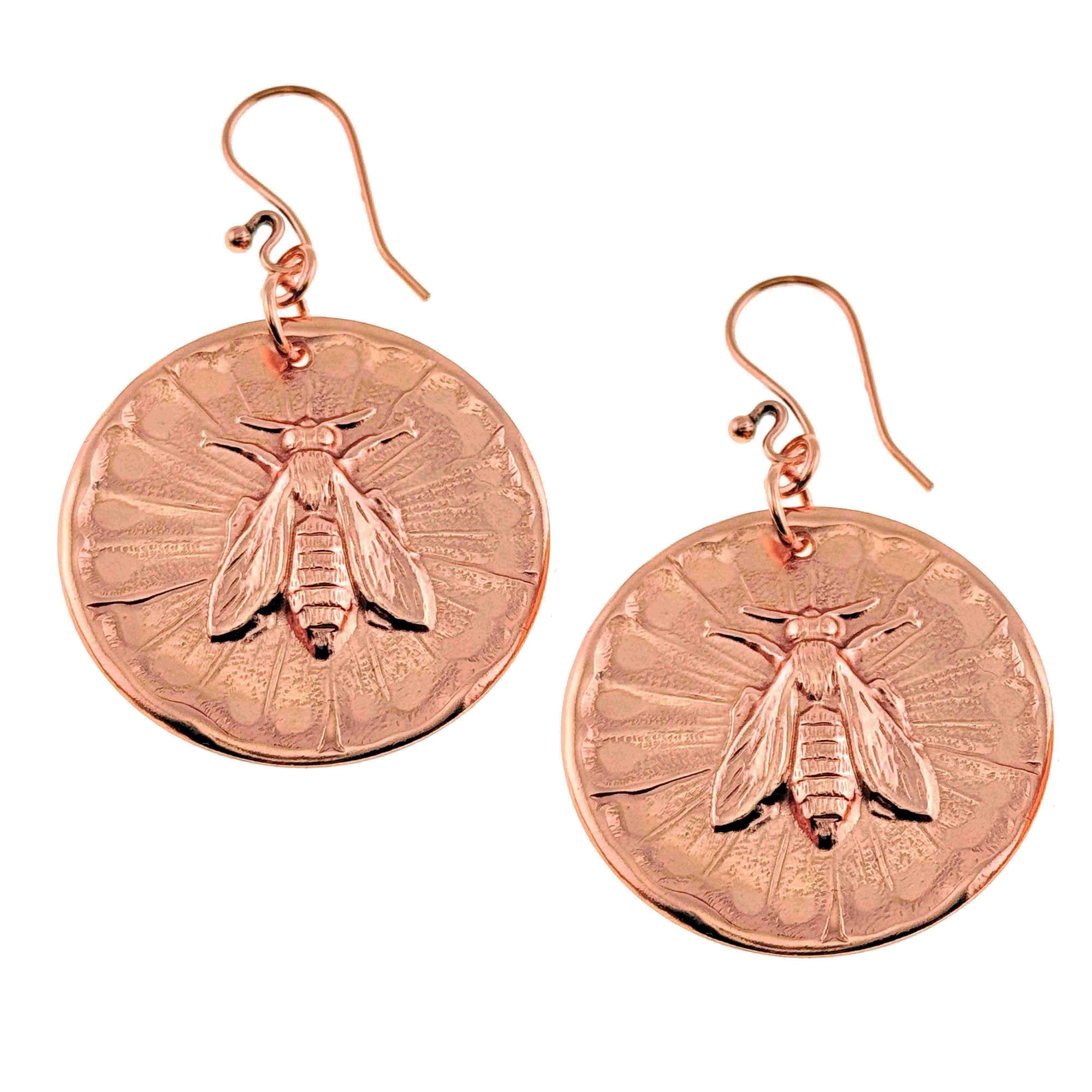 Copper Queen Bee Disc Drop Earrings on a white background