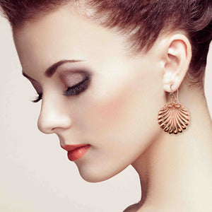 5 of 7: An Elegant Woman Wearing Copper Scallop Shell Dangle Earrings