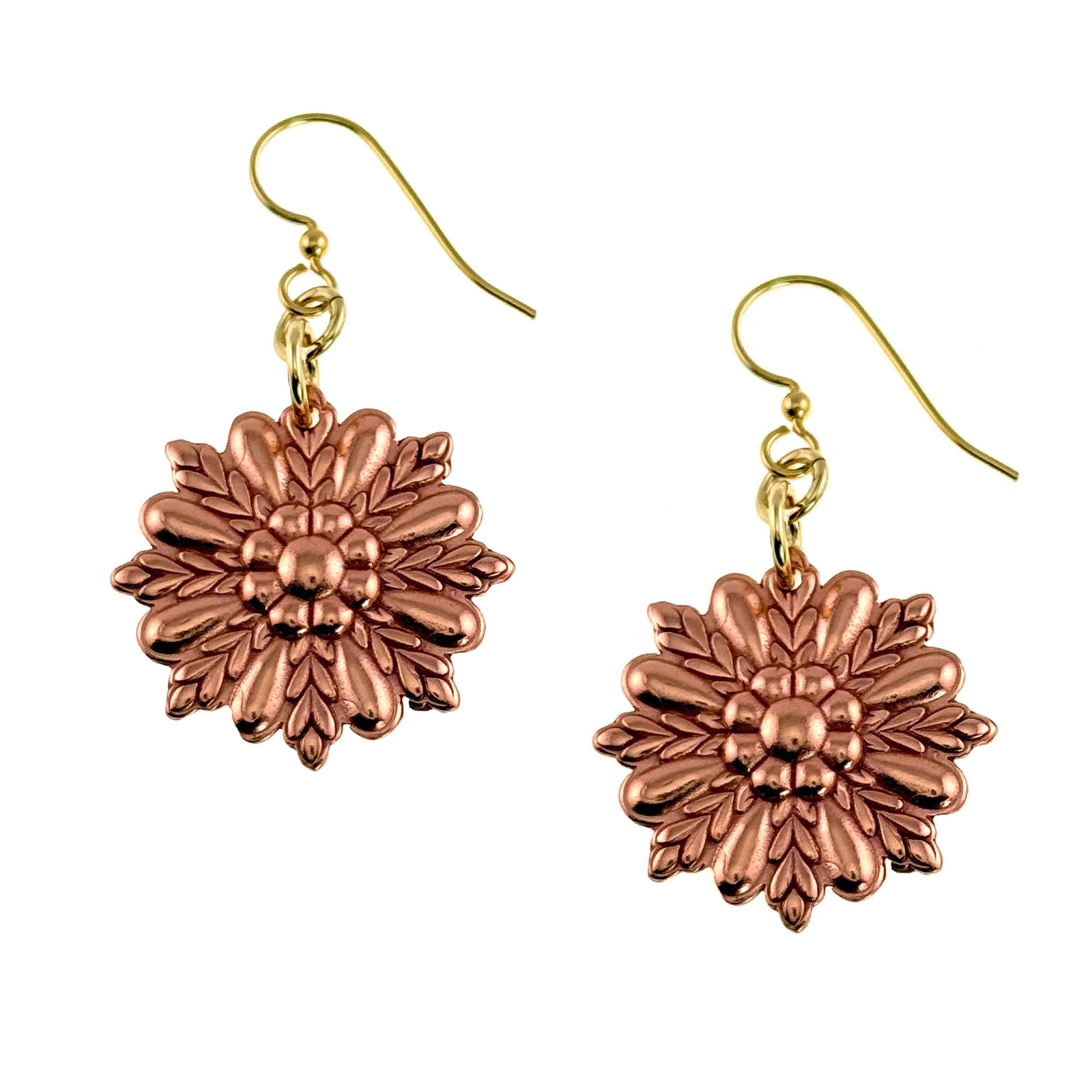 Copper sunburst flower dangle earrings with polished ornate floral detailing in a radiant sunburst shape. Raw copper flower charms hang from brass French ear wires, showing layered petal textures and a warm rose copper glow. Lightweight handcrafted earrings measuring about 1.75 inches long and 1 inch wide, photographed on a clean white background.