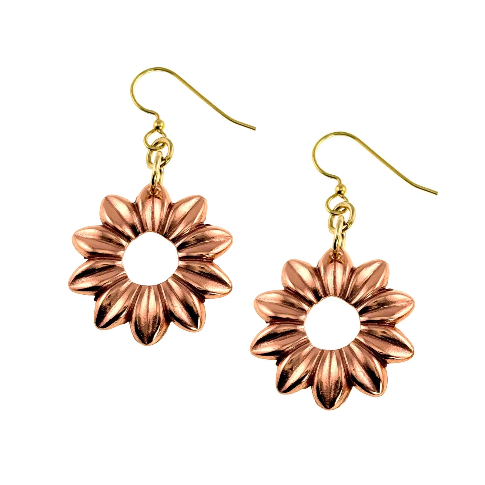 Polished copper sunflower dangle earrings with detailed die struck petals and an open cutout center. The warm raw copper flowers hang from brass French ear wires with small brass jump rings, creating a two tone look. Each earring measures about 1 3/4 inches long and 1 inch wide, offering a lightweight floral design with a bright reflective finish.
