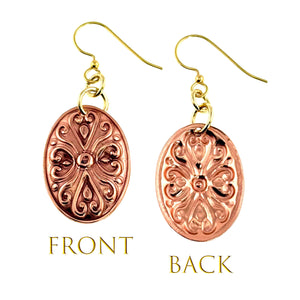 3 of 7: Front and back view of handcrafted copper Victorian oval dangle earrings with detailed scrollwork design, polished finish, and brass French ear wires, shown on a white background to highlight texture and dimension.