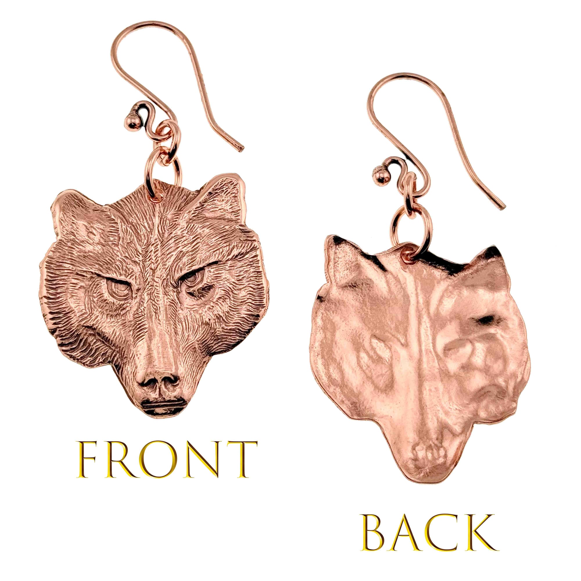 Wolf Head Copper Drop Earrings showing front and back views on a white background.