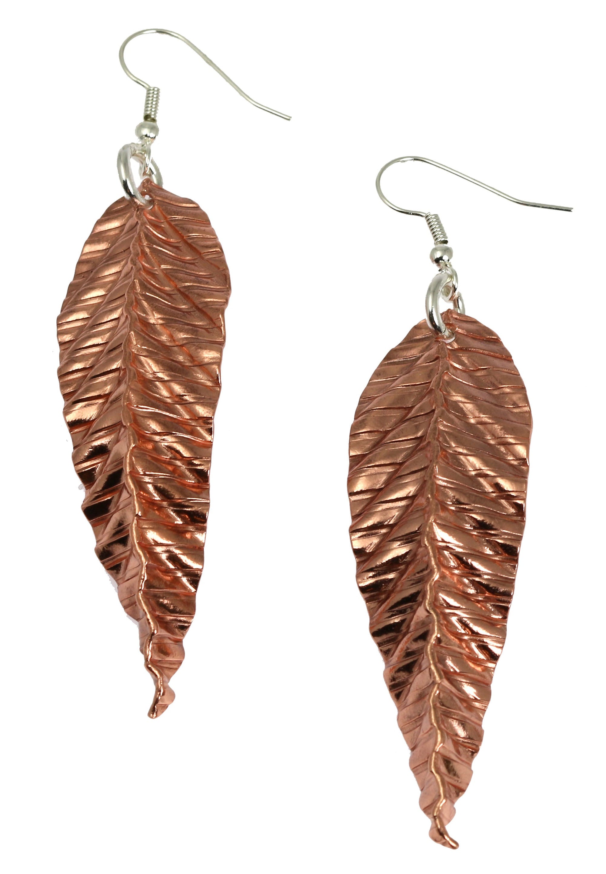 Detail View Corrugated Fold Formed Copper Leaf Earrings