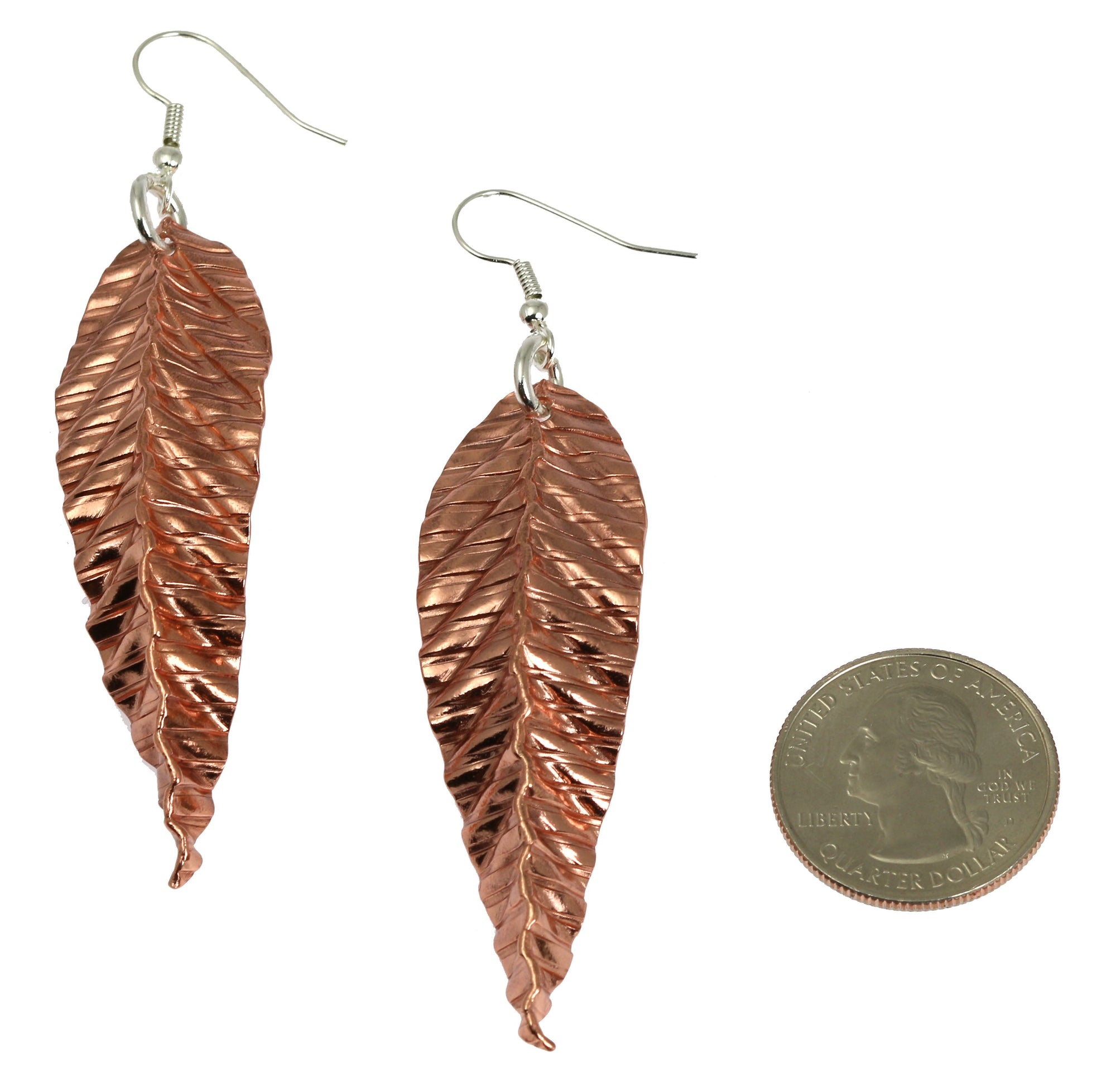 Size of Corrugated Fold Formed Copper Leaf Earrings compared to a US Quarter Coin