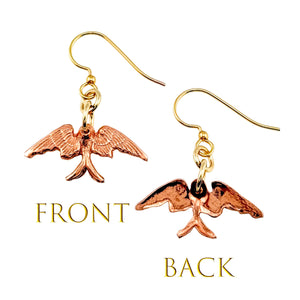 3 of 6: Dainty Copper Swallow Earrings labeled 'Front' and 'Back' on a white background.