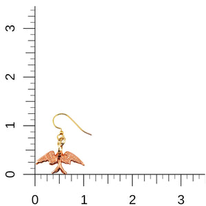 5 of 6: Dainty Copper Swallow Earrings on a Ruler for Size Dimensions