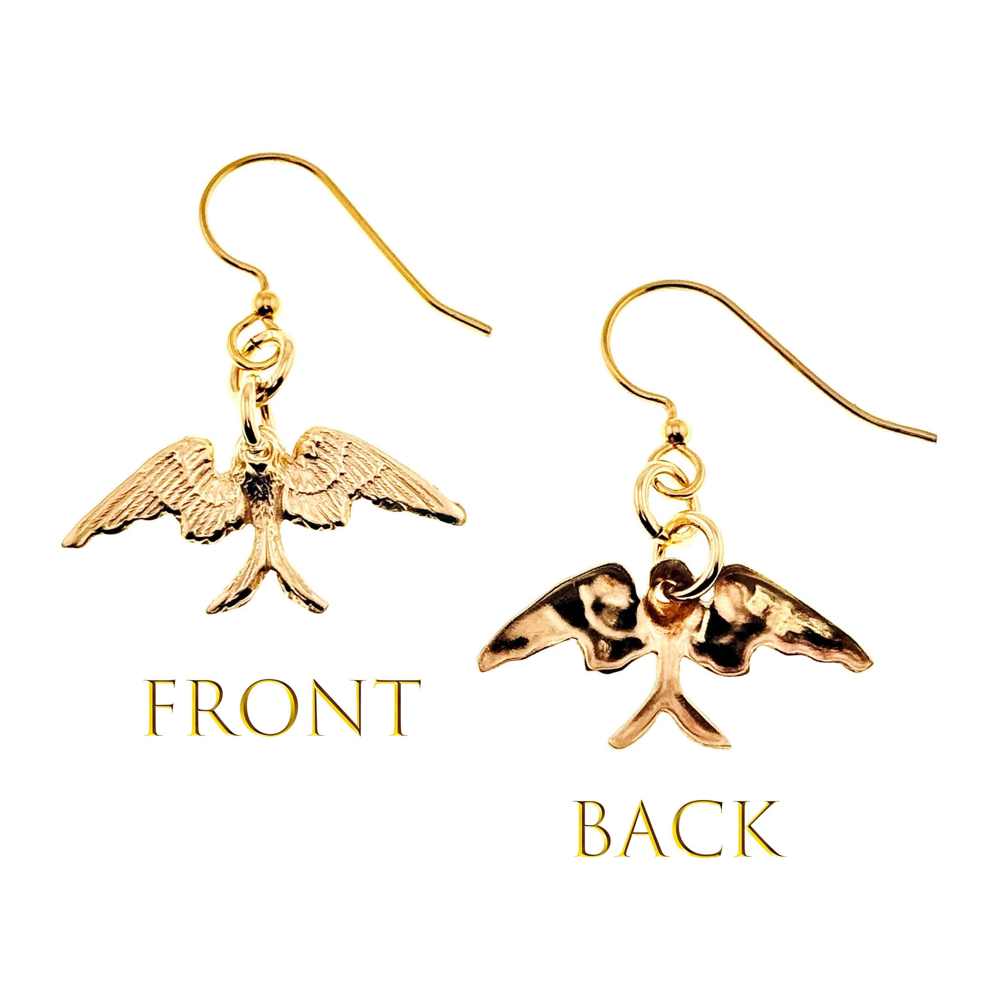 Dainty Nu Gold Brass Swallow Earrings showing front and back views on a white background.