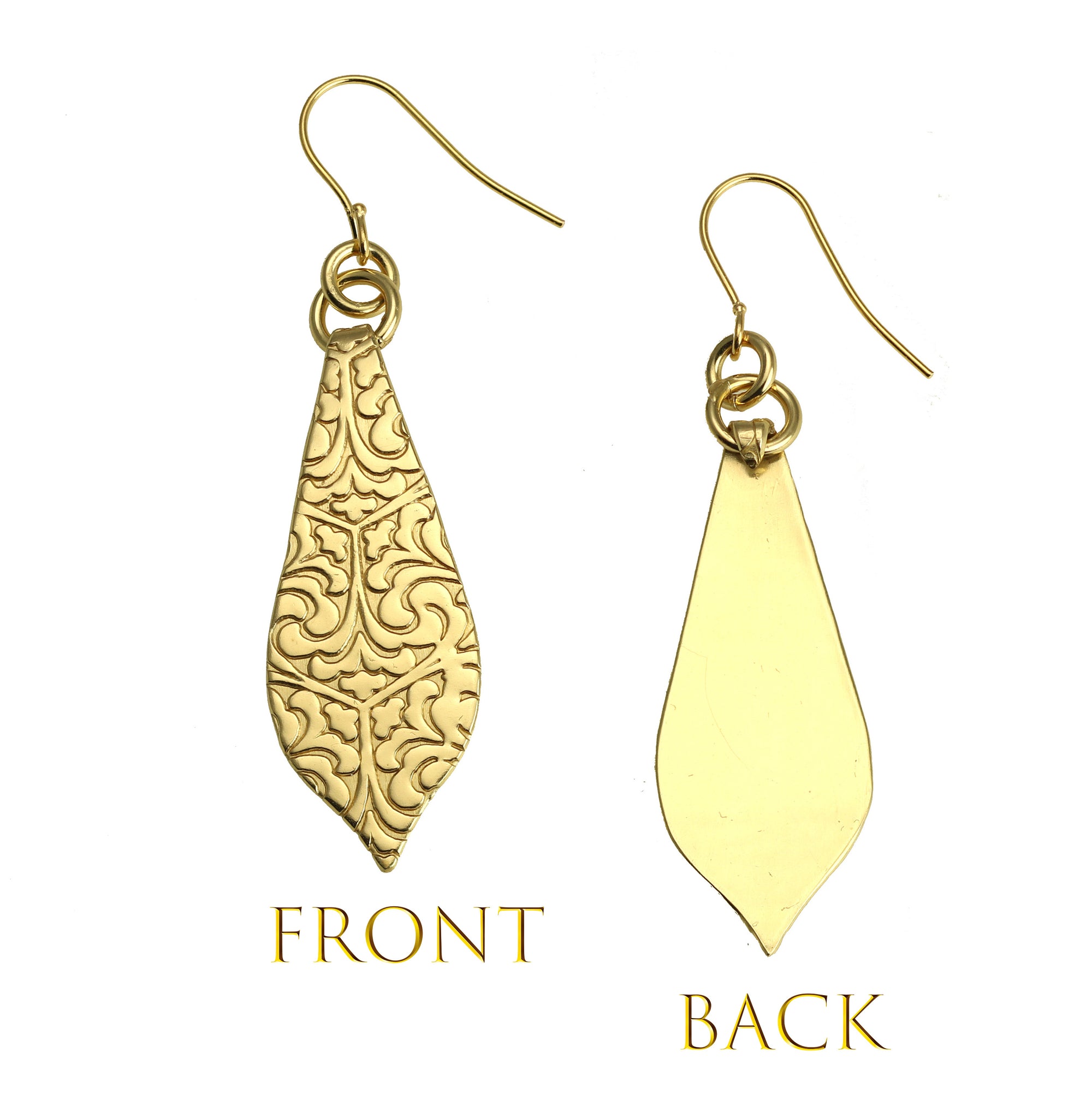 Front and Back View of Damask Embossed Brass Nu Gold Marrakesh Teardrop Earrings