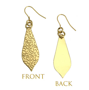 3 of 7: Front and Back View of Damask Embossed Brass Nu Gold Marrakesh Teardrop Earrings