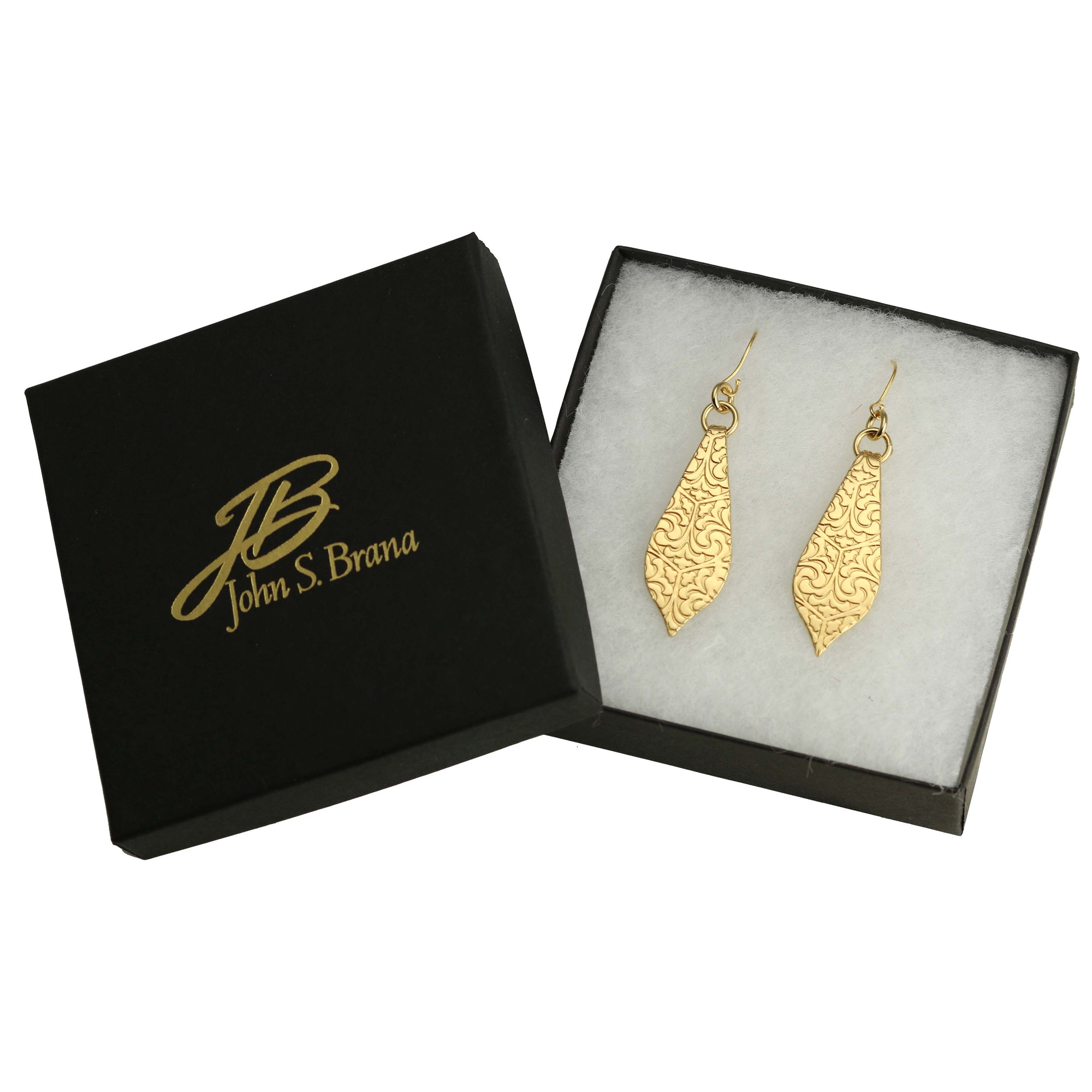 Damask Embossed Brass Nu Gold Marrakesh Teardrop Earrings in a Black Gift Box