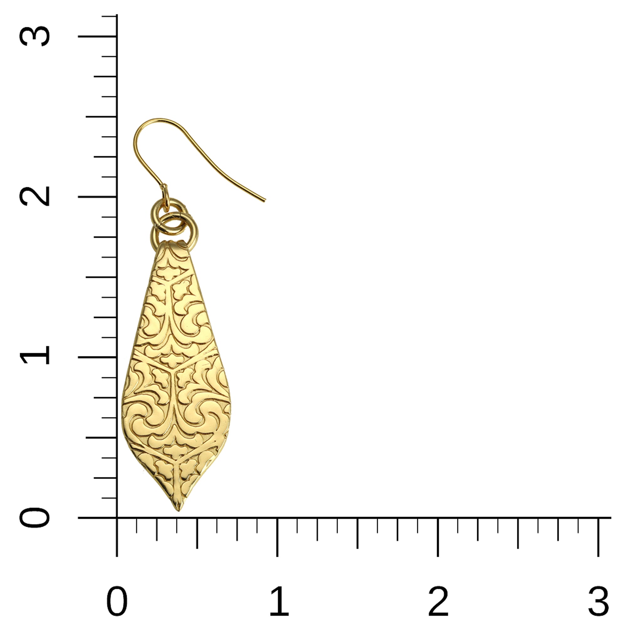 Damask Embossed Brass Nu Gold Marrakesh Teardrop Earrings on Ruler for Size